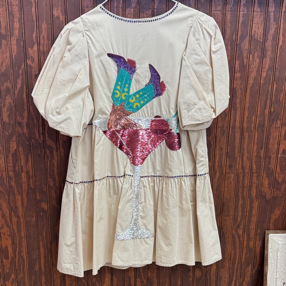 QUEEN OF SPARKLES Cream Tiered Puff Sleeve Dress with Navy Trim - Picture 3 of 3